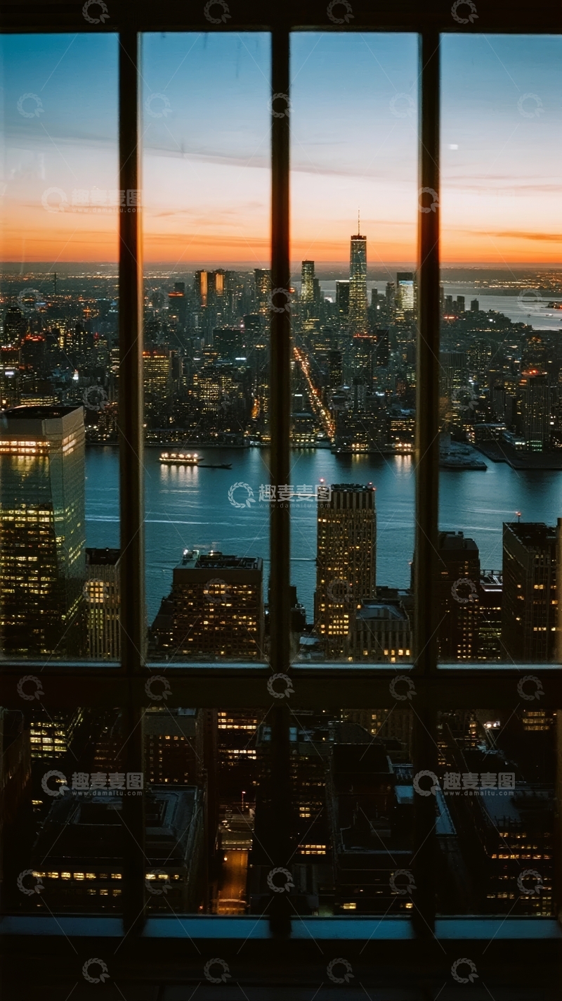 高清大图下载【趣麦麦图】城市夜景透过窗户映入眼帘
