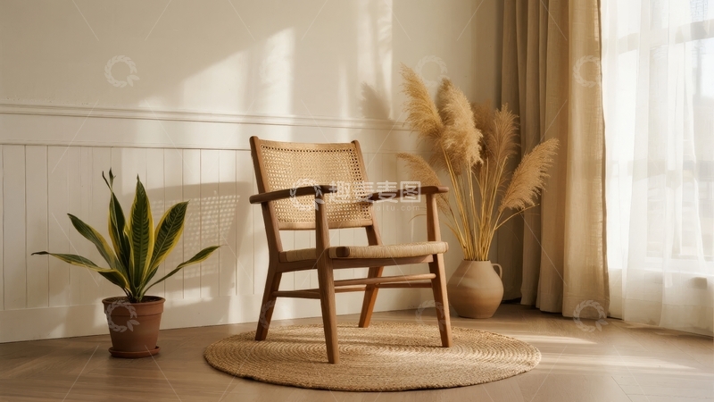 高清大图下载【趣麦麦图】室内木质椅子与绿植装饰