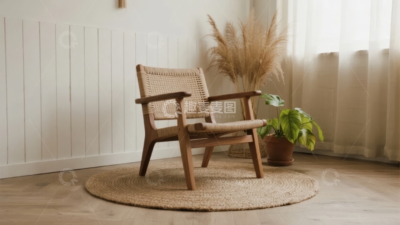 高清大图下载【趣麦麦图】木质藤编椅置于圆形地毯上