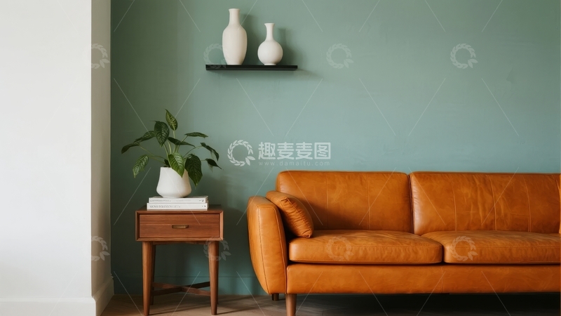 高清大图下载【趣麦麦图】橙色沙发与绿植的现代客厅