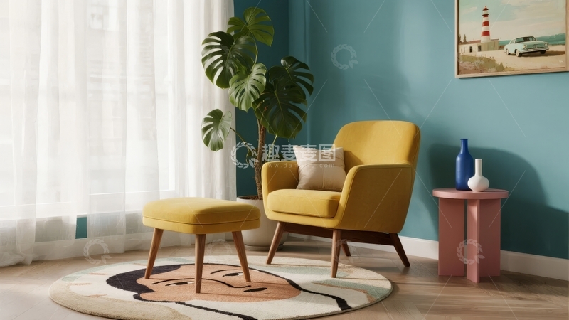 高清大图下载【趣麦麦图】黄色椅子配绿色植物和粉色边桌