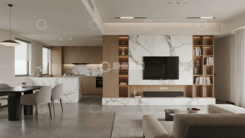 高清大图下载【趣麦麦图】现代简约风格客厅与厨房空间