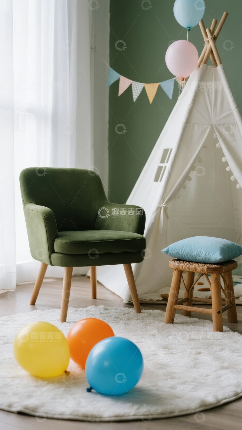 高清大图下载【趣麦麦图】儿童房内绿色椅子和帐篷
