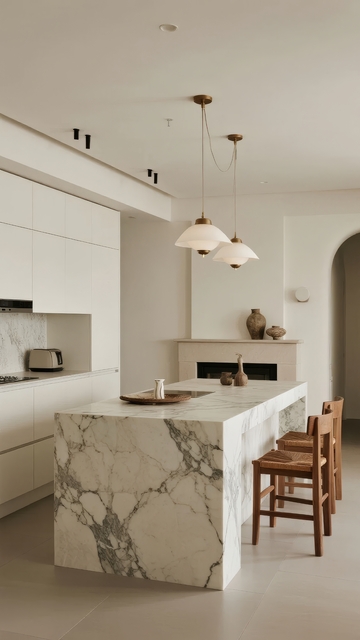 现代厨房设计大理石岛台与木质椅子