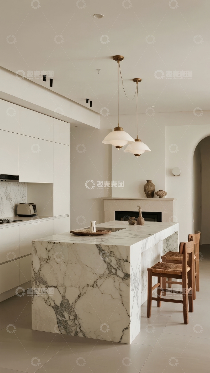 高清大图下载【趣麦麦图】现代厨房设计大理石岛台与木质椅子
