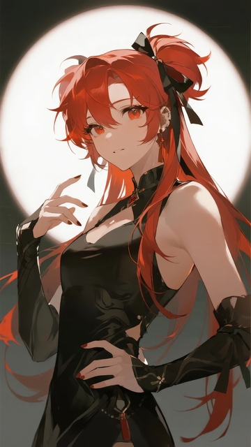 红发女性身穿黑色服饰站立
