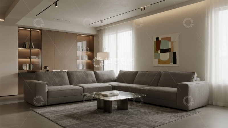 高清大图下载【趣麦麦图】-现代客厅灰色沙发与艺术装饰