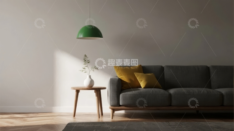 高清大图下载【趣麦麦图】简约客厅灰色沙发配绿色吊灯