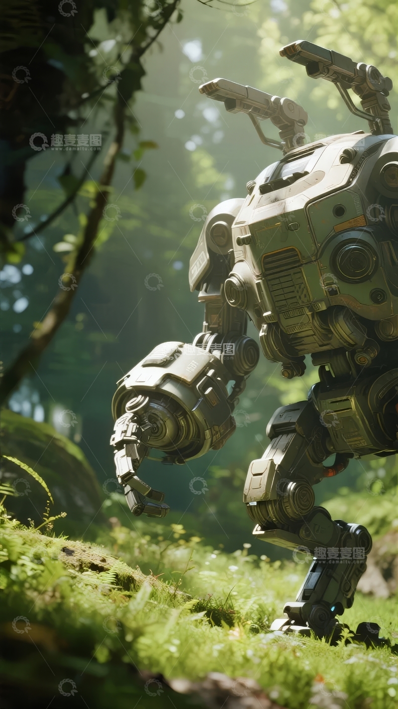 高清大图下载【趣麦麦图】机械战士在森林中行走