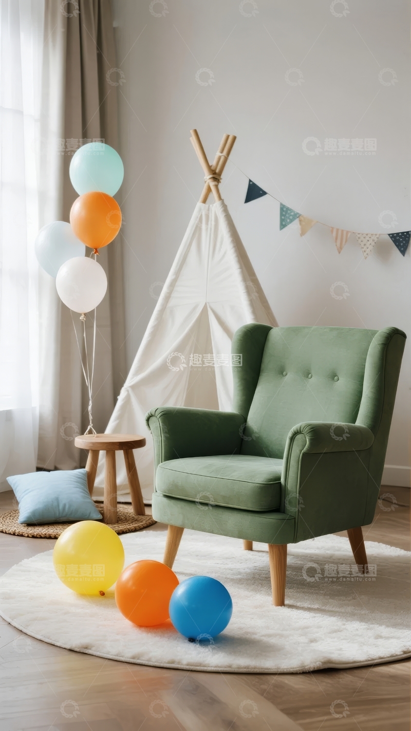 高清大图下载【趣麦麦图】儿童房内绿色沙发与帐篷装饰