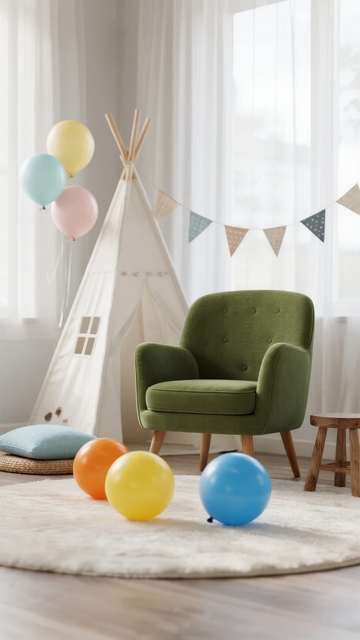 儿童房内绿色沙发和彩色气球