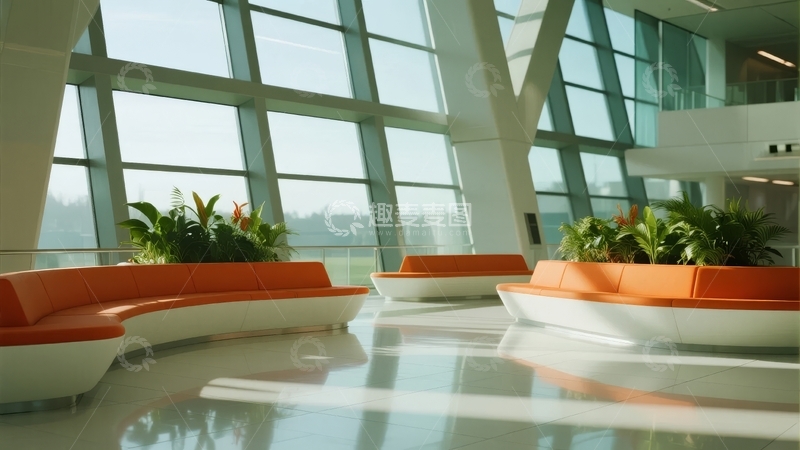 高清大图下载【趣麦麦图】现代化大厅内的橙色沙发与绿植