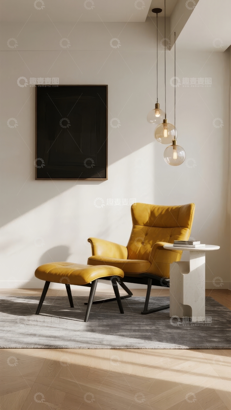 高清大图下载【趣麦麦图】现代客厅黄色沙发椅与吊灯