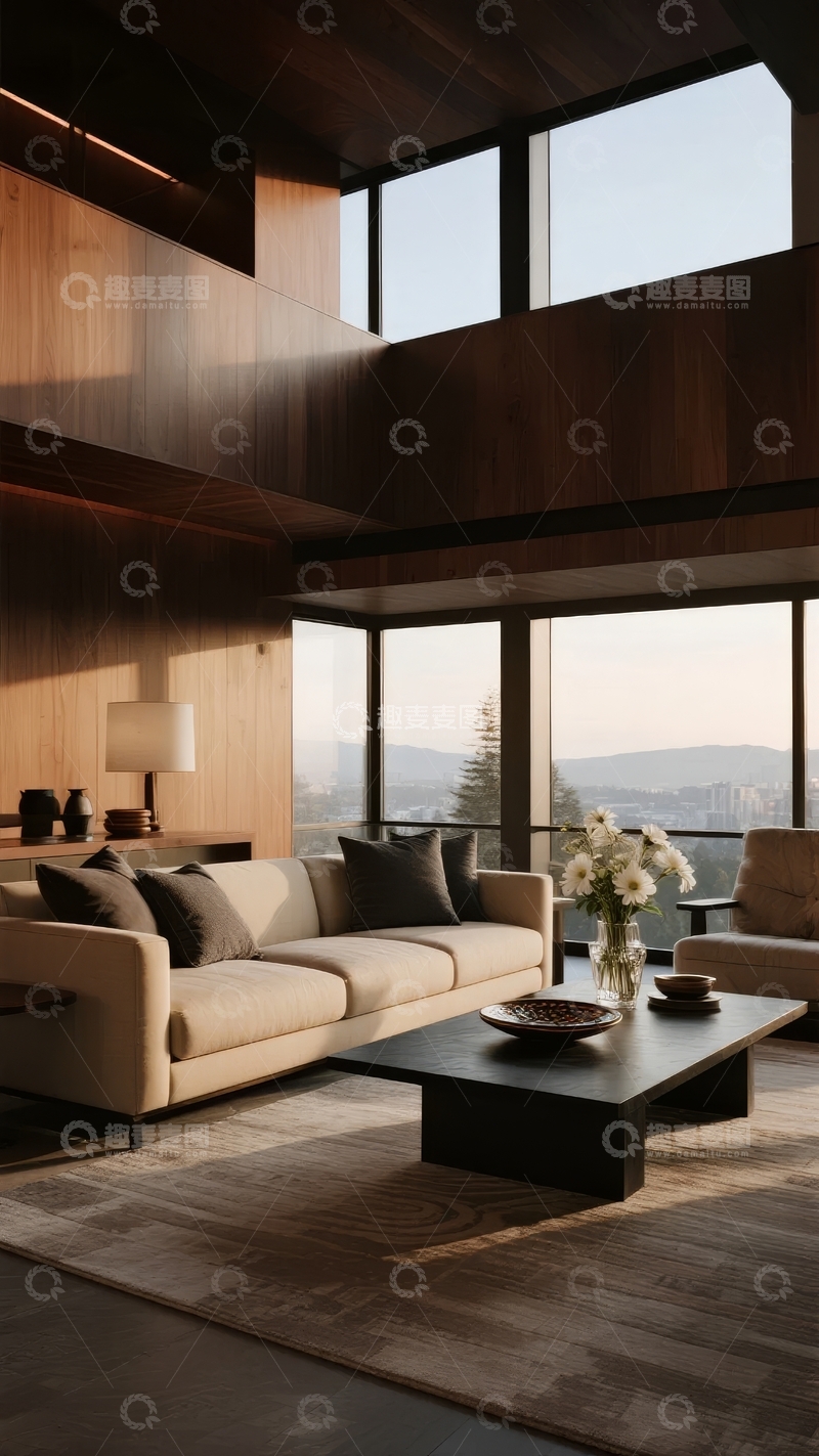 高清大图下载【趣麦麦图】现代客厅木质结构大窗景观