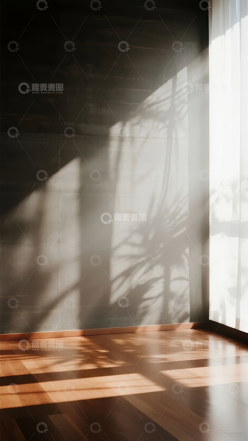 高清大图下载【趣麦麦图】阳光透过窗帘投射在木地板上的影子