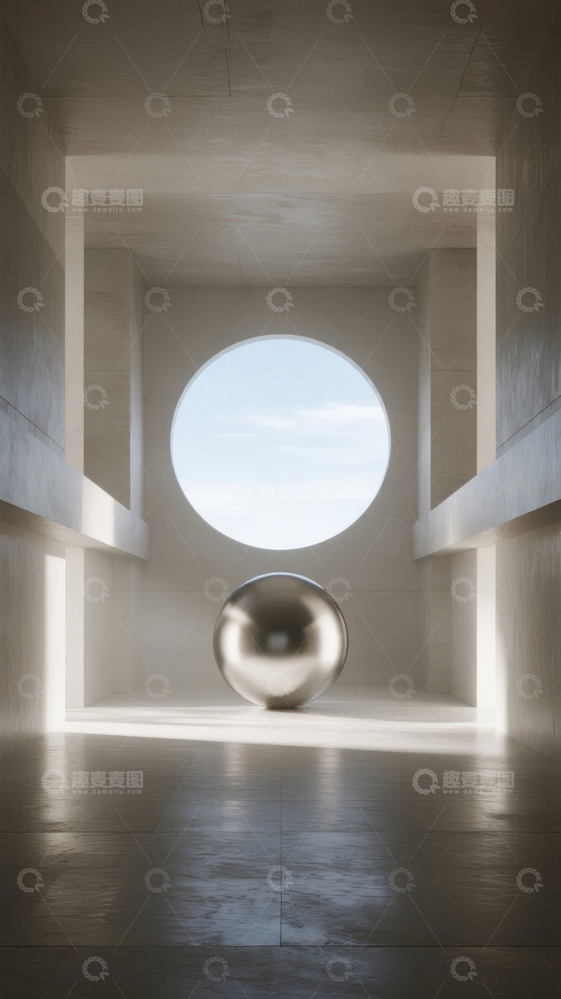 高清大图下载【趣麦麦图】圆形天窗下的金属球体