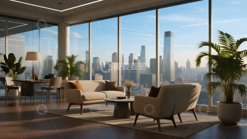 高清大图下载【趣麦麦图】现代客厅俯瞰城市天际线