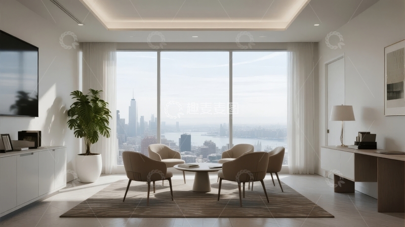 高清大图下载【趣麦麦图】现代客厅全景落地窗城市景观