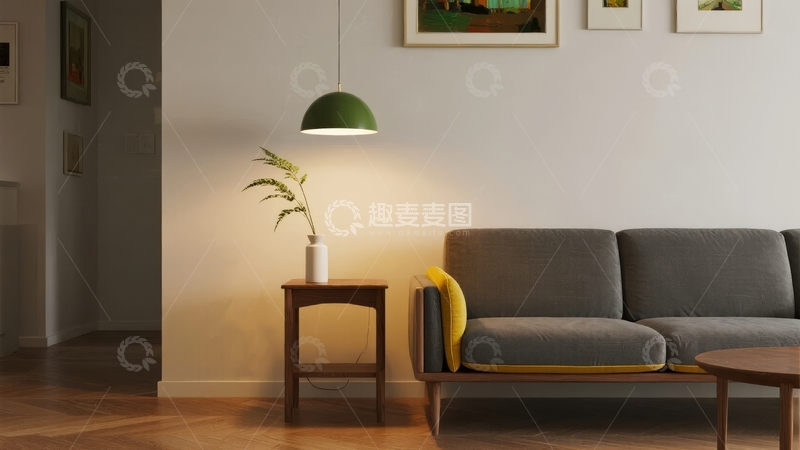 高清大图下载【趣麦麦图】现代客厅灰色沙发与绿灯