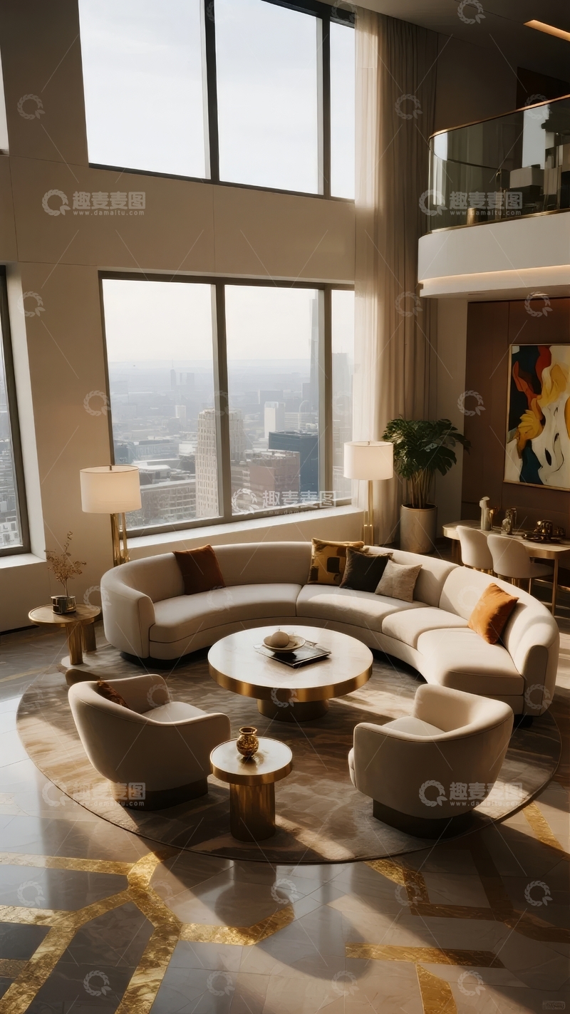 高清大图下载【趣麦麦图】现代客厅设计展示豪华家具与城市景观