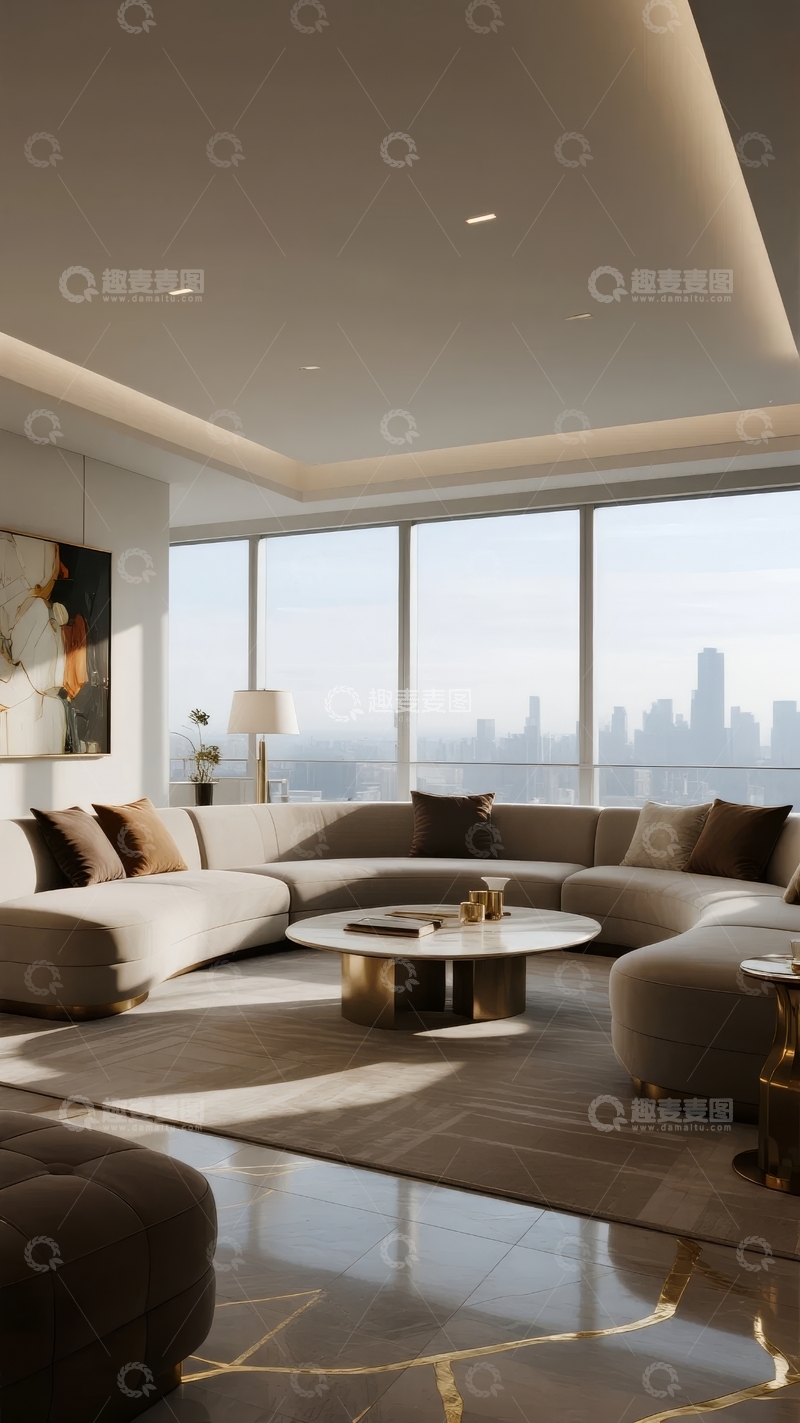高清大图下载【趣麦麦图】现代客厅全景窗城市景观
