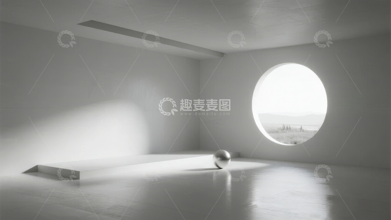 高清大图下载【趣麦麦图】圆形窗户照亮的空旷房间
