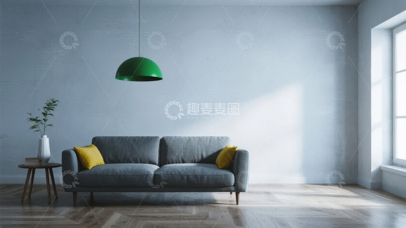 高清大图下载【趣麦麦图】简约客厅灰色沙发绿色吊灯