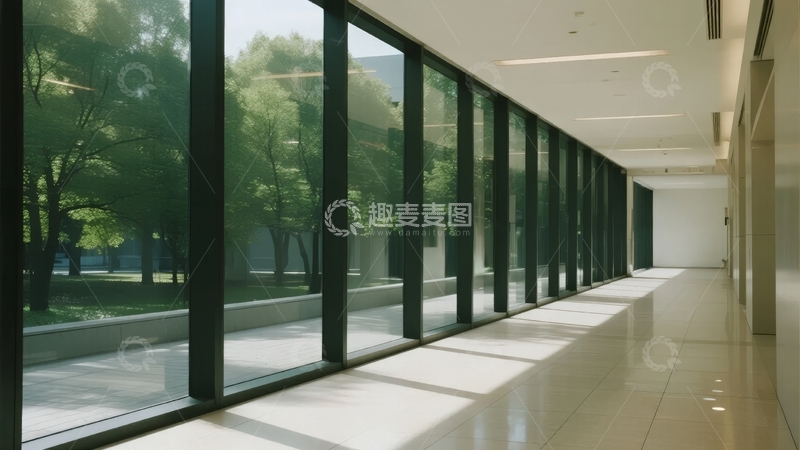 高清大图下载【趣麦麦图】明亮走廊旁的玻璃窗与绿树