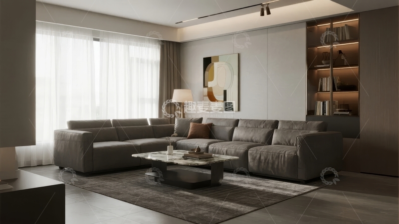 高清大图下载【趣麦麦图】现代客厅灰色沙发与书架