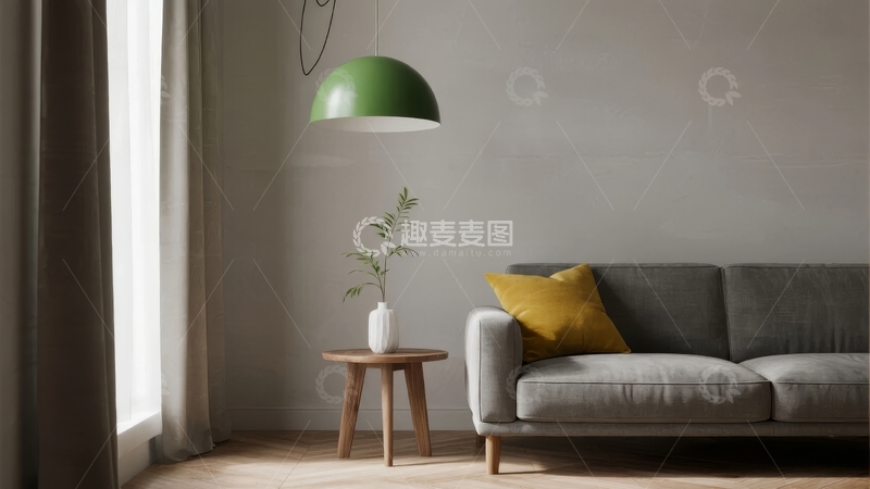 高清大图下载【趣麦麦图】简约客厅灰色沙发绿色吊灯