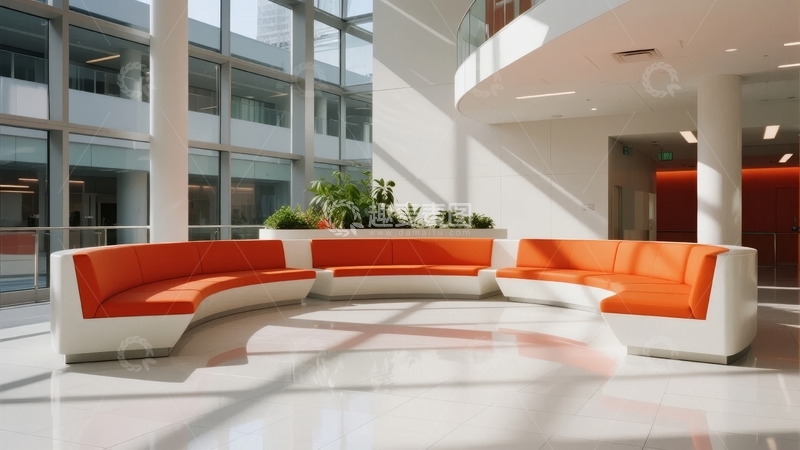 高清大图下载【趣麦麦图】现代建筑内部的橙色沙发和绿植