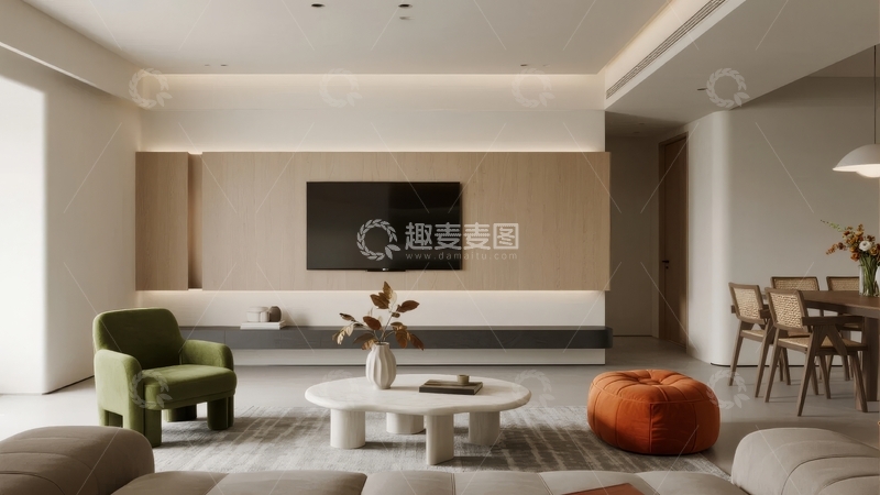 高清大图下载【趣麦麦图】现代简约客厅设计融合温馨用餐区