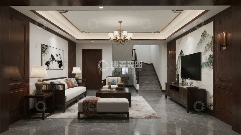 高清大图下载【趣麦麦图】中式风格客厅设计融合传统与现代元素