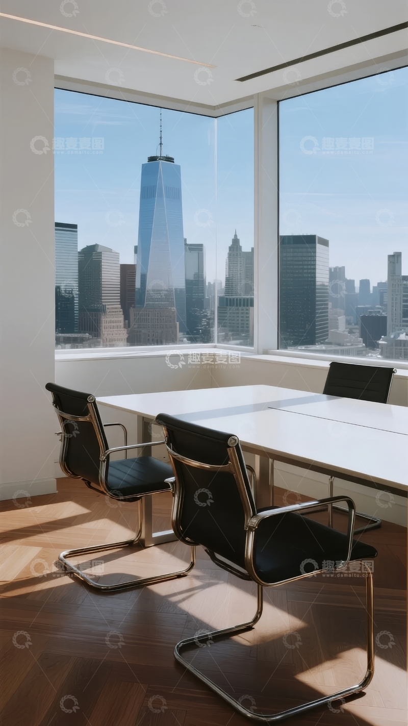 高清大图下载【趣麦麦图】现代办公室内景与城市天际线