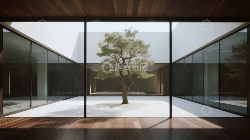 高清大图下载【趣麦麦图】现代建筑内庭院中的孤树
