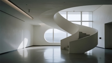 白色螺旋楼梯的现代室内空间