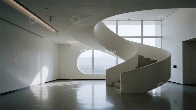 高清大图下载【趣麦麦图】白色螺旋楼梯的现代室内空间