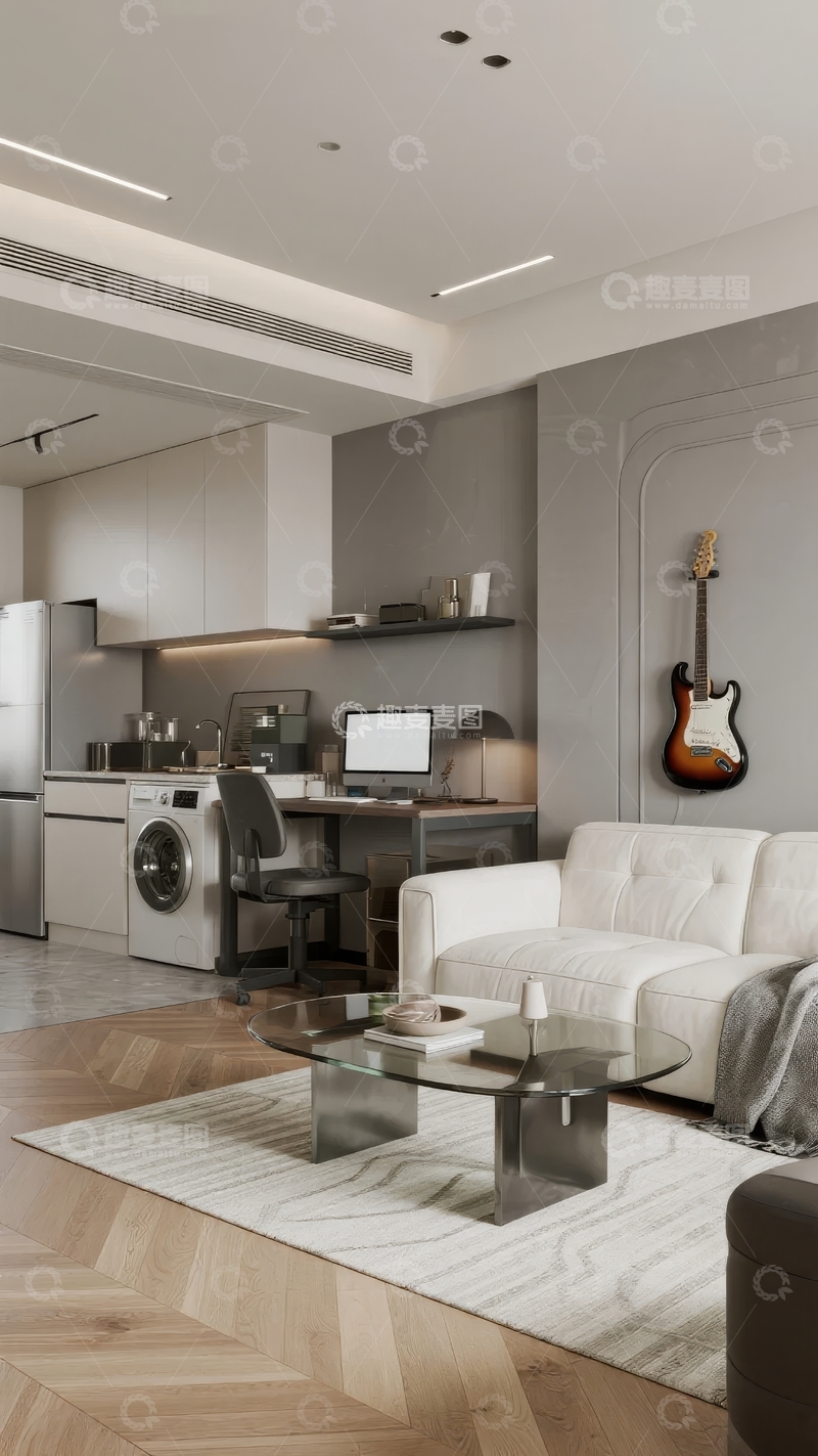 高清大图下载【趣麦麦图】现代简约风格客厅与厨房一体空间