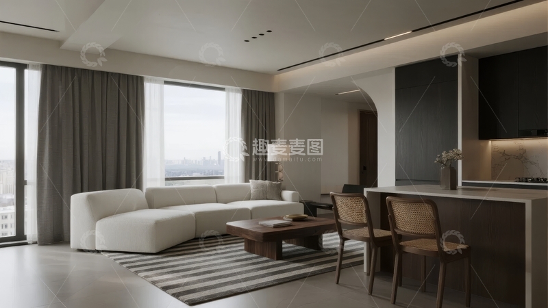 高清大图下载【趣麦麦图】现代简约风格客厅与厨房一体空间