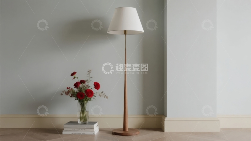 高清大图下载【趣麦麦图】落地灯旁的花瓶与书籍