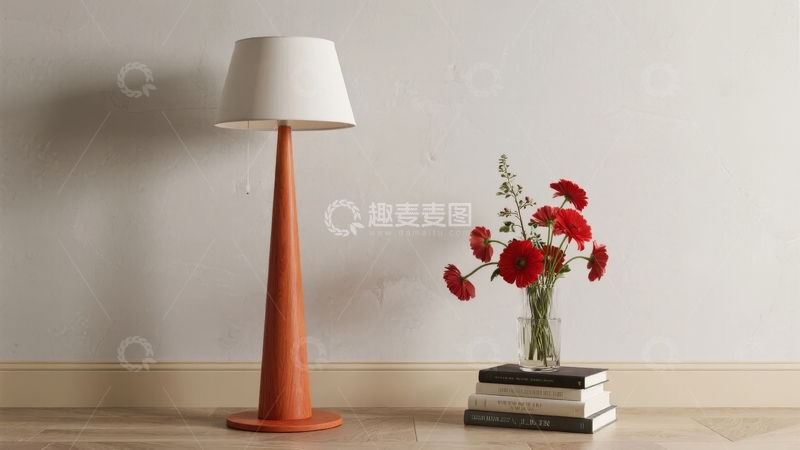 高清大图下载【趣麦麦图】橙色落地灯旁的花瓶与书籍