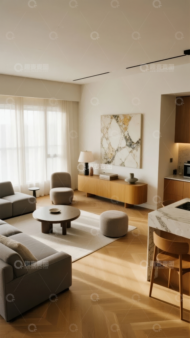 高清大图下载【趣麦麦图】现代简约风格客厅与厨房空间