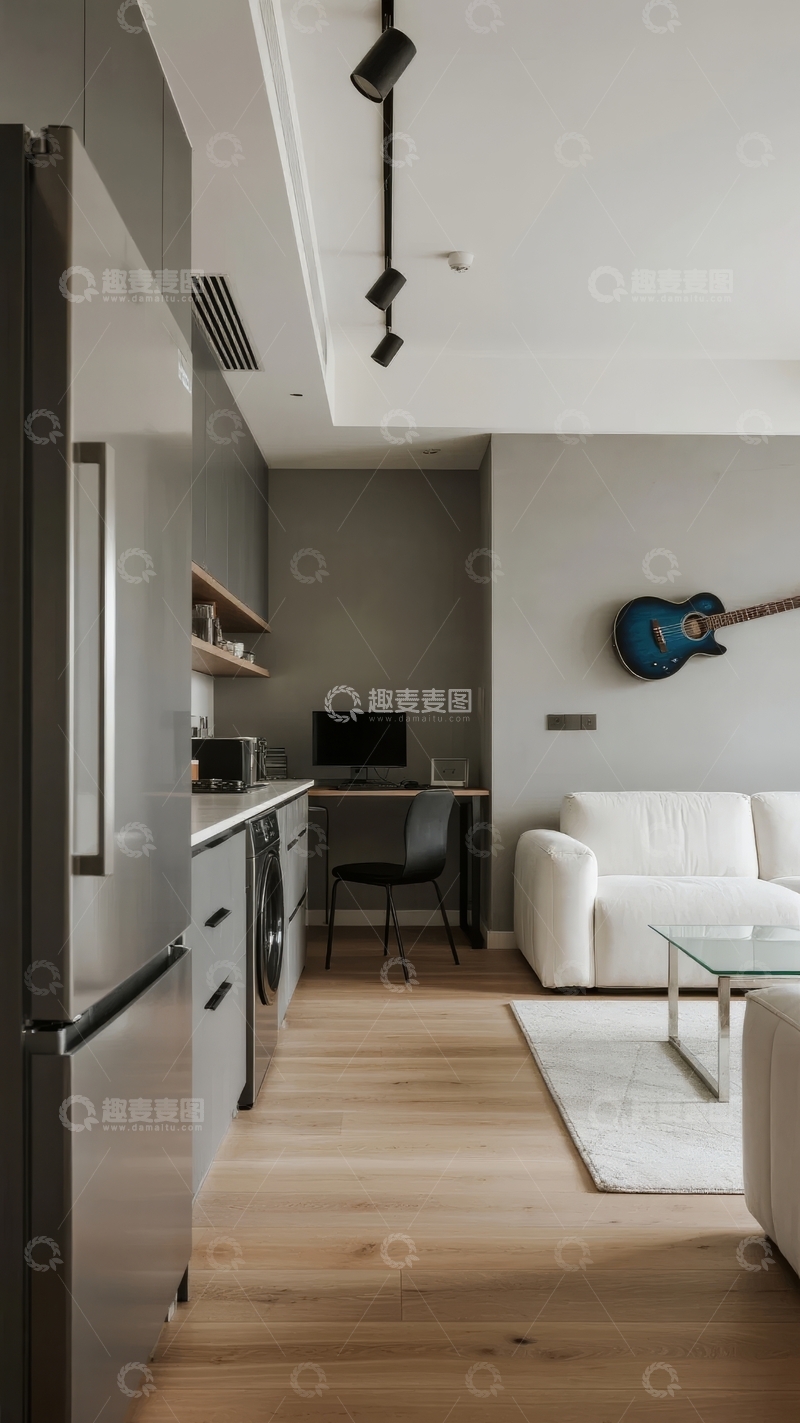 高清大图下载【趣麦麦图】现代简约风格客厅与厨房一体空间