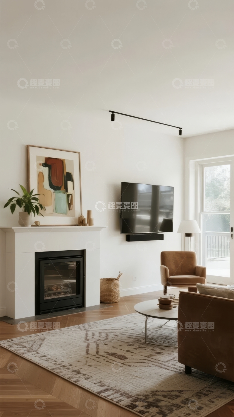 高清大图下载【趣麦麦图】现代客厅带有壁炉和电视