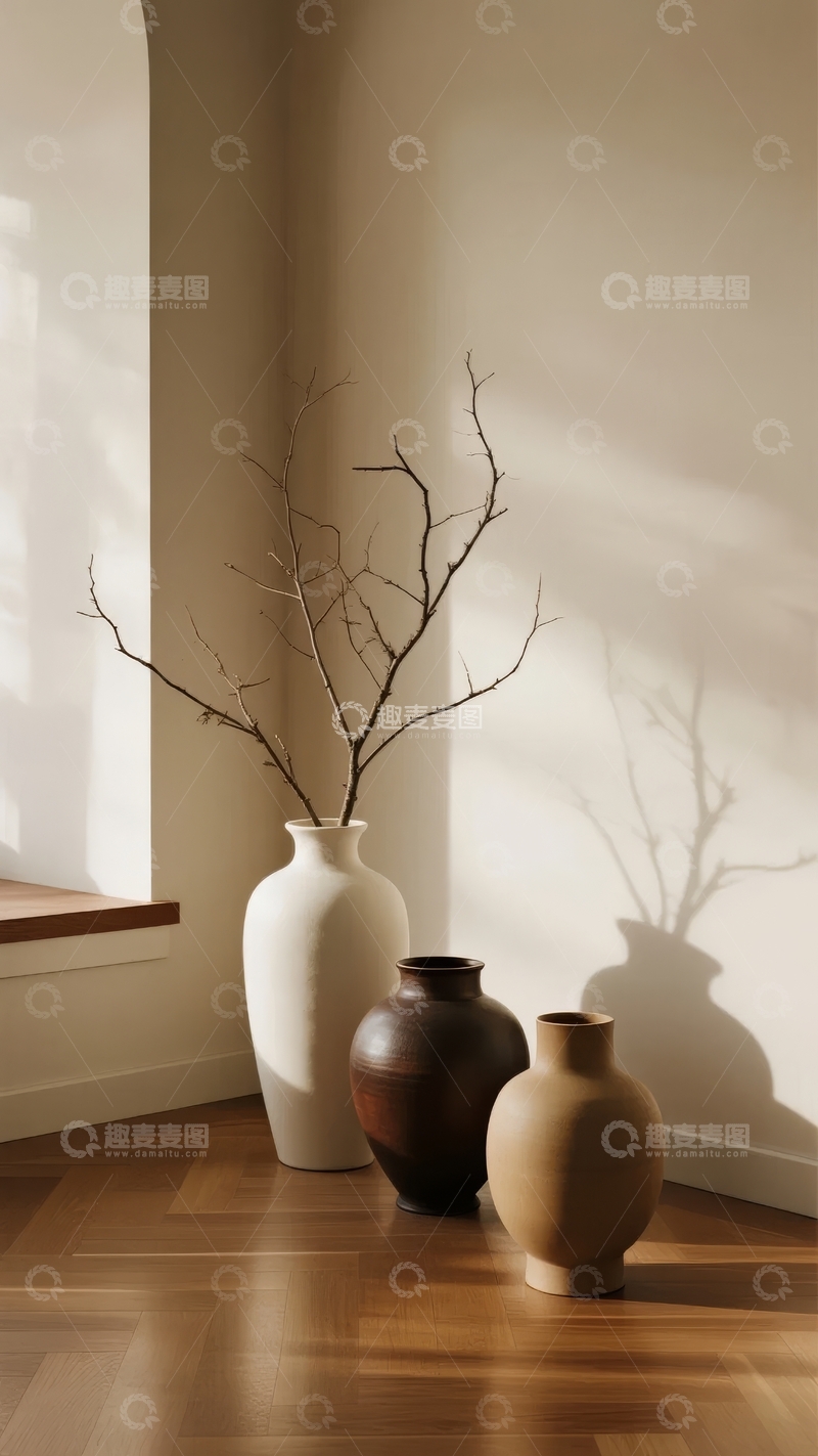 高清大图下载【趣麦麦图】窗边三只陶瓶与枯枝