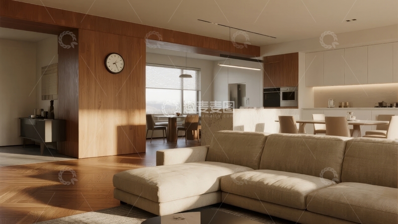 高清大图下载【趣麦麦图】现代客厅与开放式厨房空间