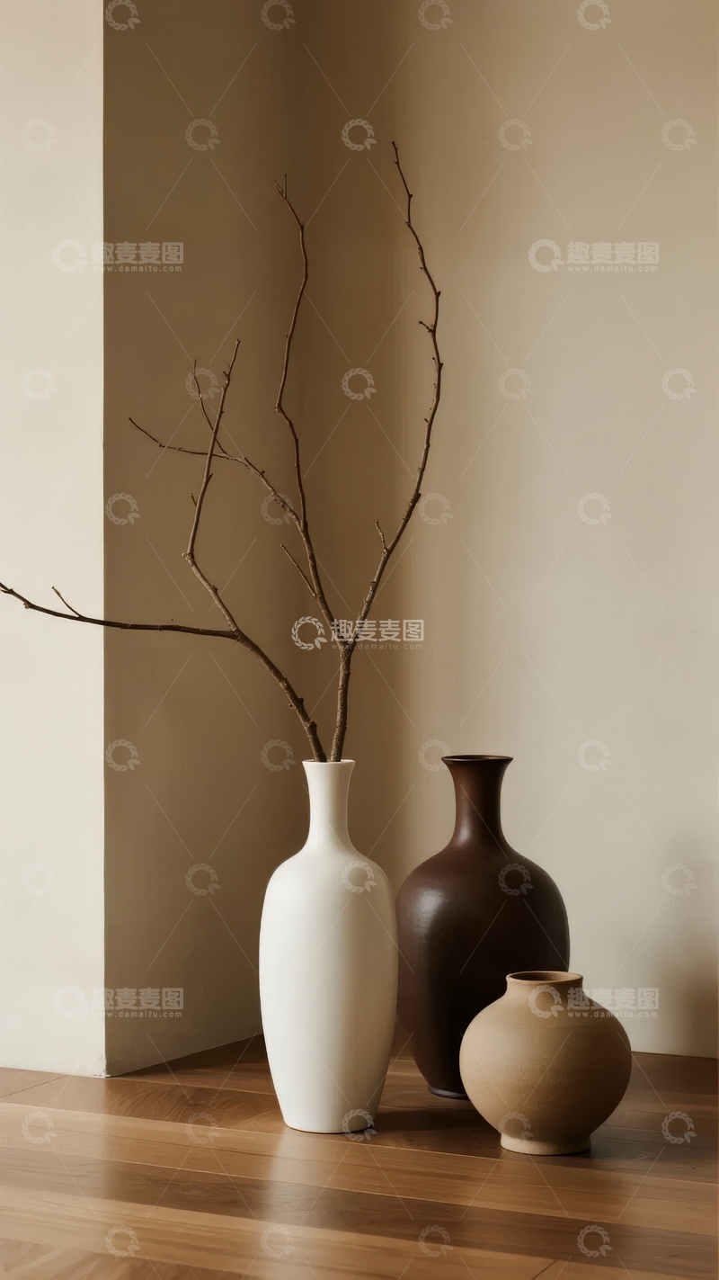 高清大图下载【趣麦麦图】三只陶罐与枯枝静置角落