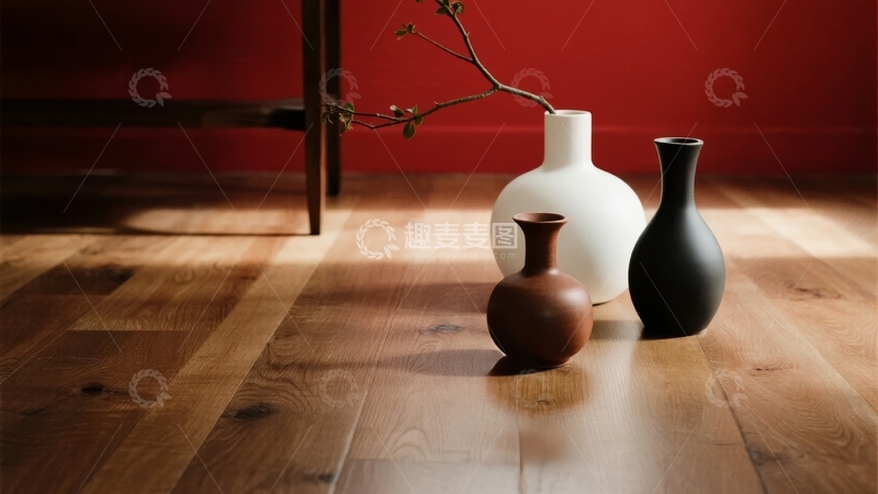高清大图下载【趣麦麦图】三只花瓶置于木地板上