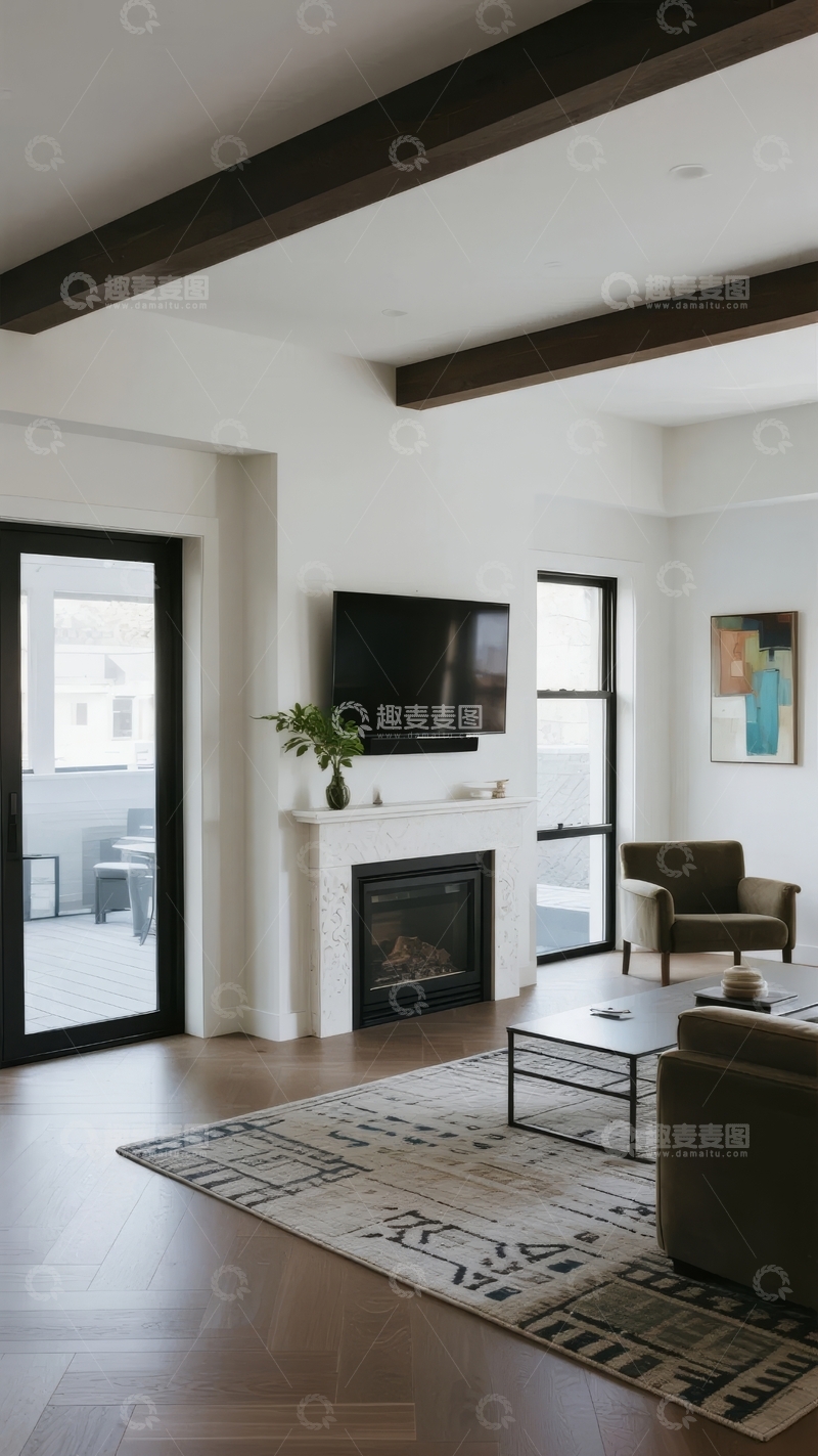 高清大图下载【趣麦麦图】现代客厅设计带壁炉和大窗户
