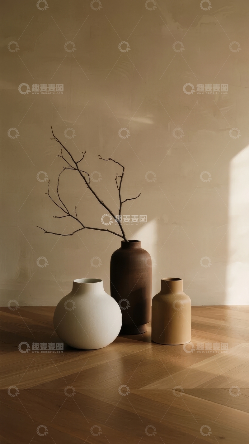 高清大图下载【趣麦麦图】三只陶罐与枯枝静置室内